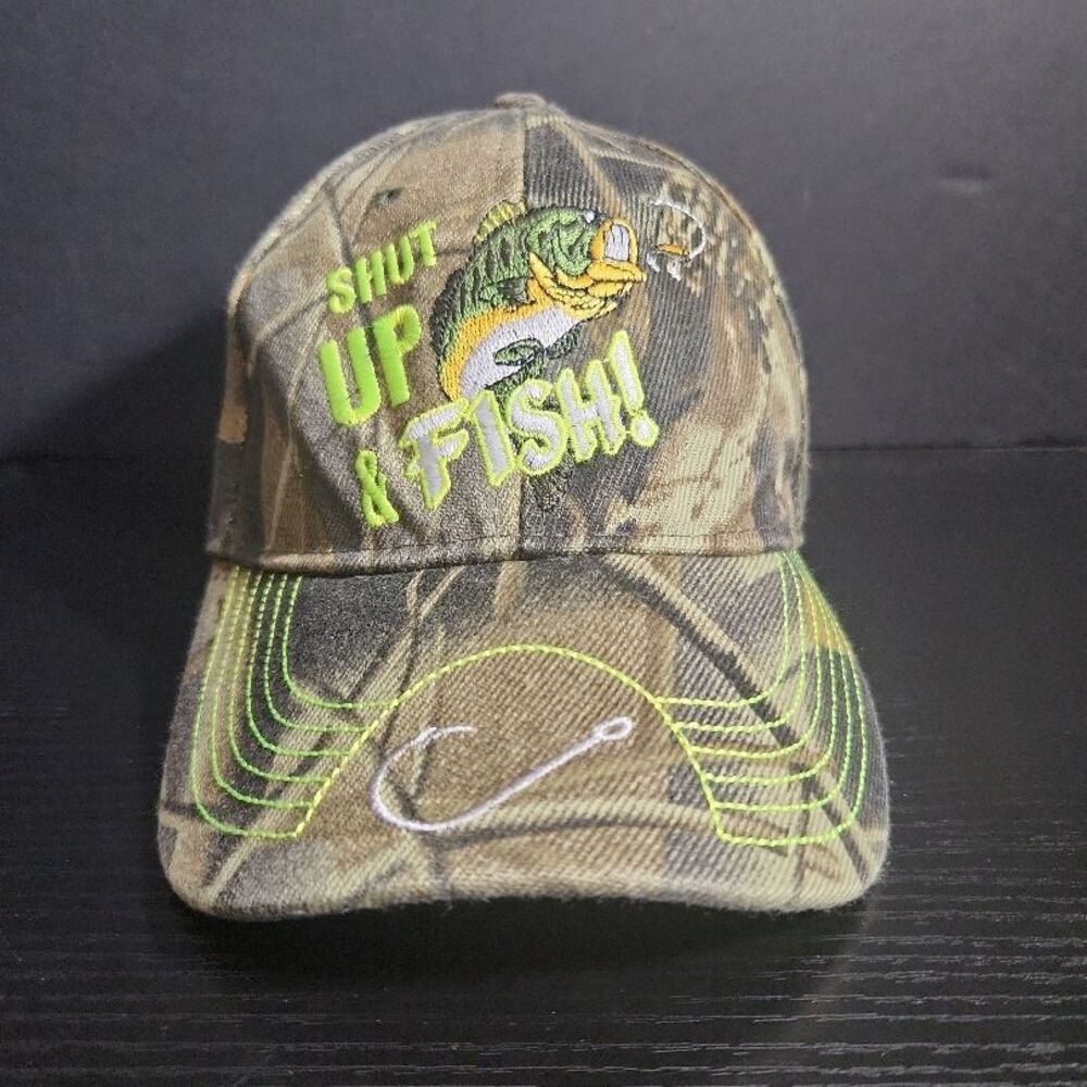 Shut Up & Fish Hat Cap strapback Camo Neon Green Fishing Embroidered Bass Angler
